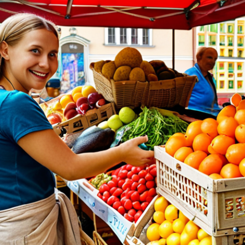 **

`A vibrant farmer's market in Krakow, Poland. Close-up on a stall overflowing with fresh produce. Focus on reusable linen bags filled with colorful fruits and vegetables. A customer is holding a "siatka" (traditional Polish mesh bag) with a smile. In the background, a vendor uses mushroom-based packaging to protect delicate items. Sunlight filtering through the market stalls, creating a warm, inviting atmosphere. Eco-friendly, sustainable shopping in Poland.`

**