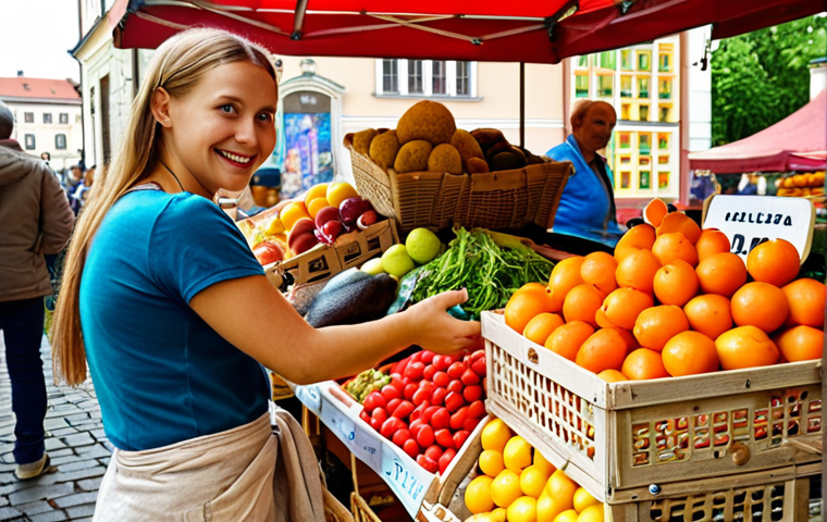 **

`A vibrant farmer's market in Krakow, Poland. Close-up on a stall overflowing with fresh produce. Focus on reusable linen bags filled with colorful fruits and vegetables. A customer is holding a "siatka" (traditional Polish mesh bag) with a smile. In the background, a vendor uses mushroom-based packaging to protect delicate items. Sunlight filtering through the market stalls, creating a warm, inviting atmosphere. Eco-friendly, sustainable shopping in Poland.`

**